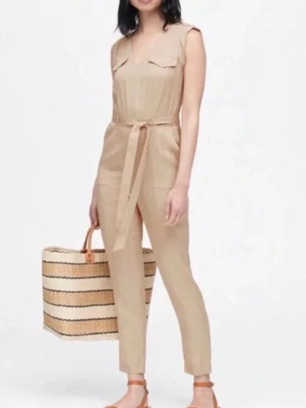 Banana Republic Tencel Utility Jumpsuit Khaki Tan Belted Minimalist Size 0